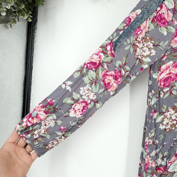 Umgee Gray and Pink Floral Long Sleeve Tunic Dress Small - Picture 7 of 12